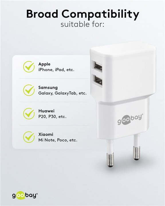 Caricatore da Muro 2 Porte USB-A 12W Slim Design Bianco - Goobay IPW-USB-224W