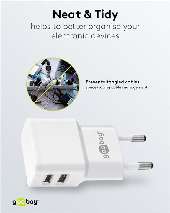 Caricatore da Muro 2 Porte USB-A 12W Slim Design Bianco - Goobay IPW-USB-224W