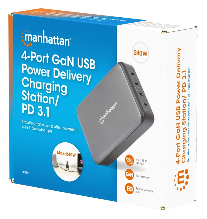 Stazione Ricarica USB-C PD 4 Porte GaN 240W - Manhattan IPW-USB-240W