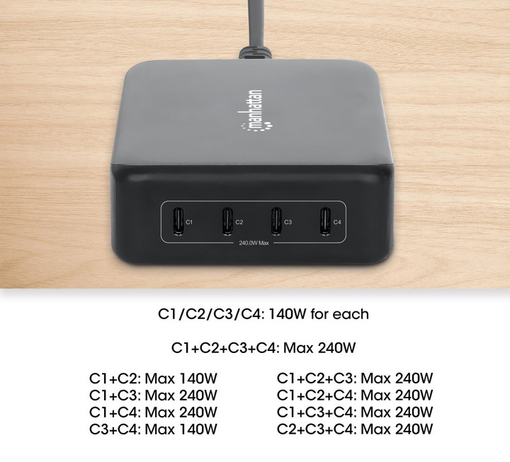 Stazione Ricarica USB-C PD 4 Porte GaN 240W - Manhattan IPW-USB-240W