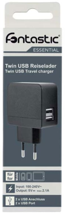 Caricatore 2 USB 2,1A Compatto Spina Europea 2 pin Nero - Fontastic IPW-USB-242ECBK