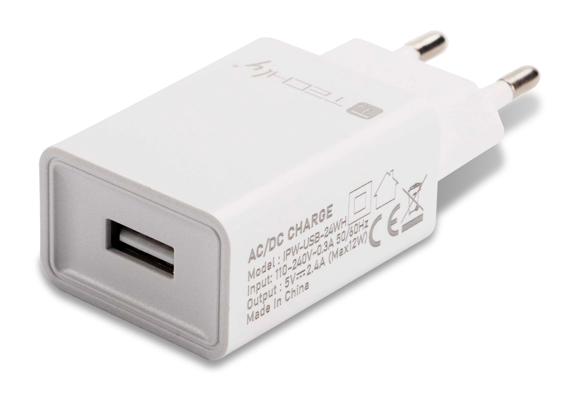 Caricatore Alimentatore USB-A da Muro 5V 2.4A per Smartphone o Tablet - Techly IPW-USB-24WH