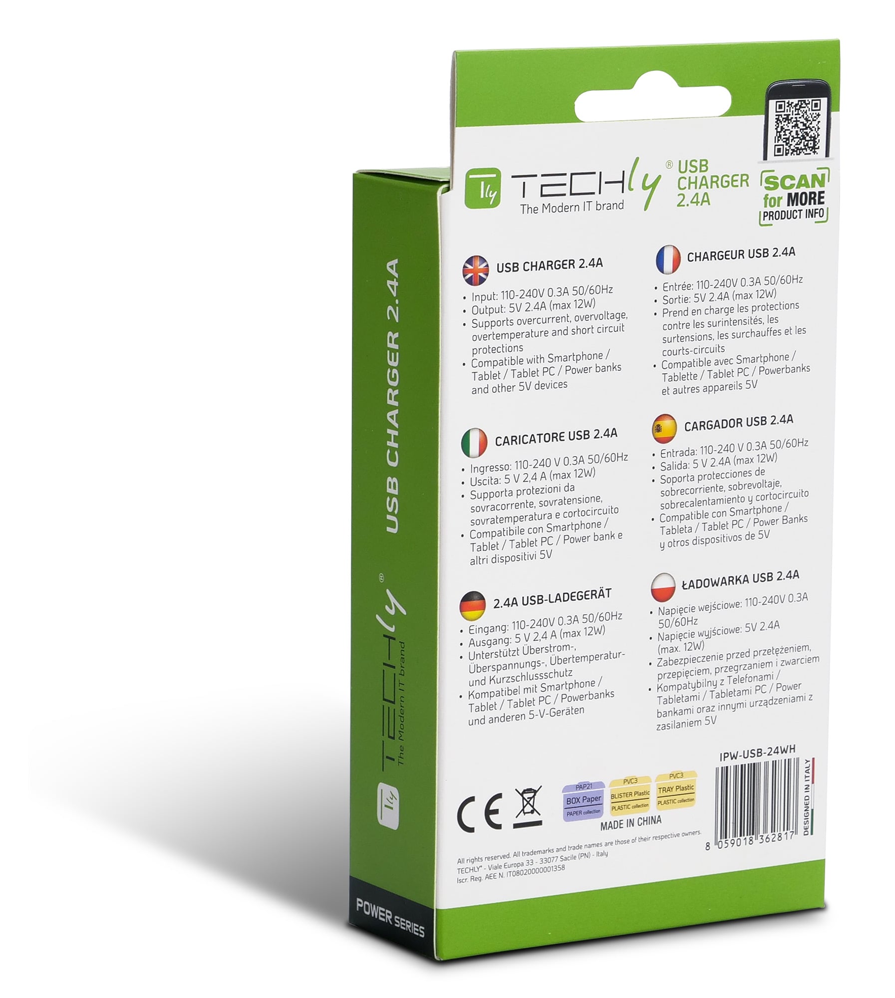 Caricatore Alimentatore USB-A da Muro 5V 2.4A per Smartphone o Tablet - Techly IPW-USB-24WH