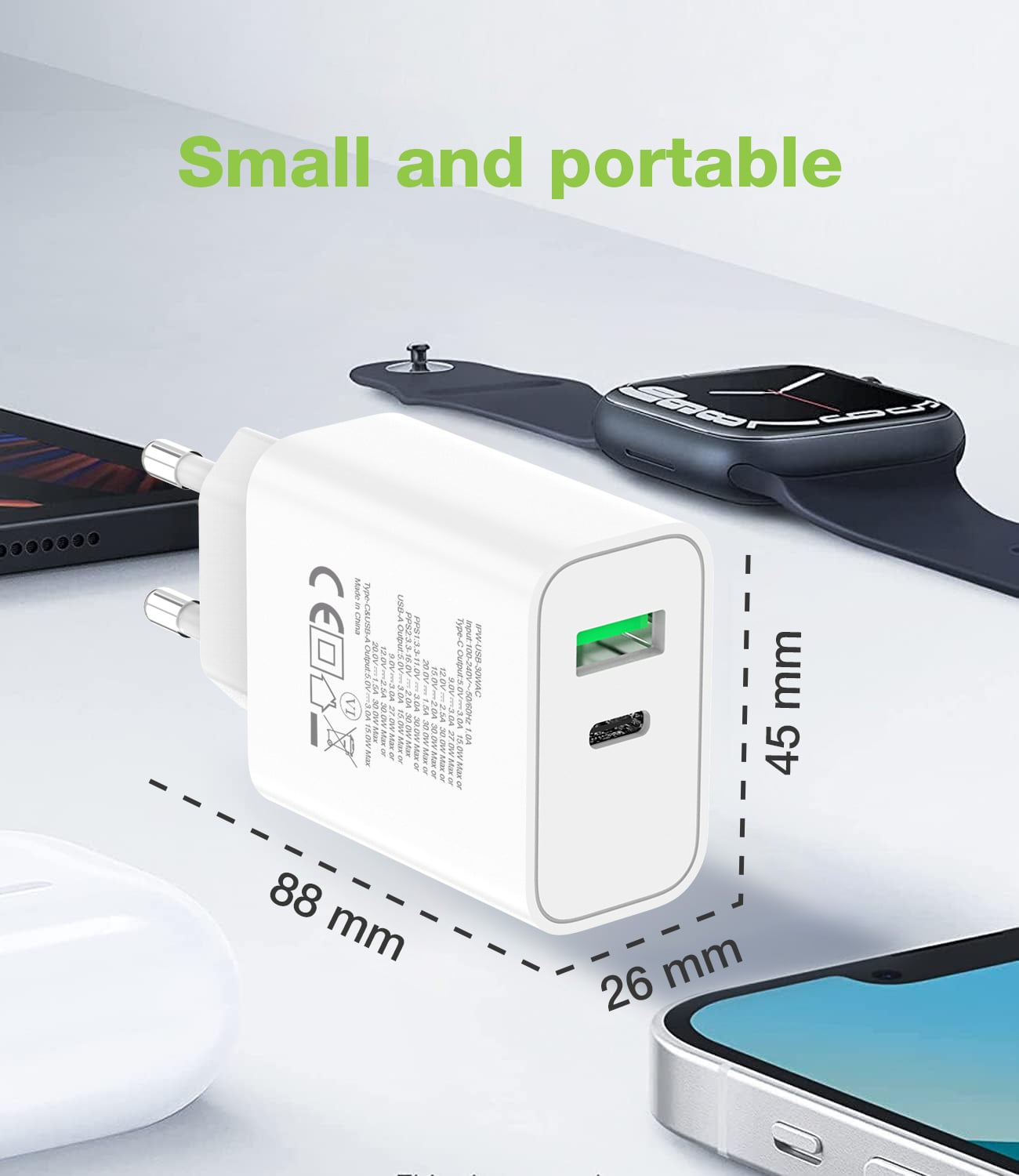 Caricatore Alimentatore GaN USB-C™ 30W e USB-A QC3.0 da Muro - Techly IPW-USB-30WACG
