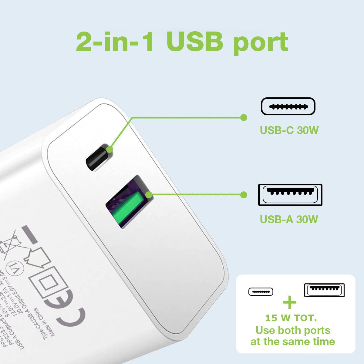 Caricatore Alimentatore GaN USB-C™ 30W e USB-A QC3.0 da Muro - Techly IPW-USB-30WACG