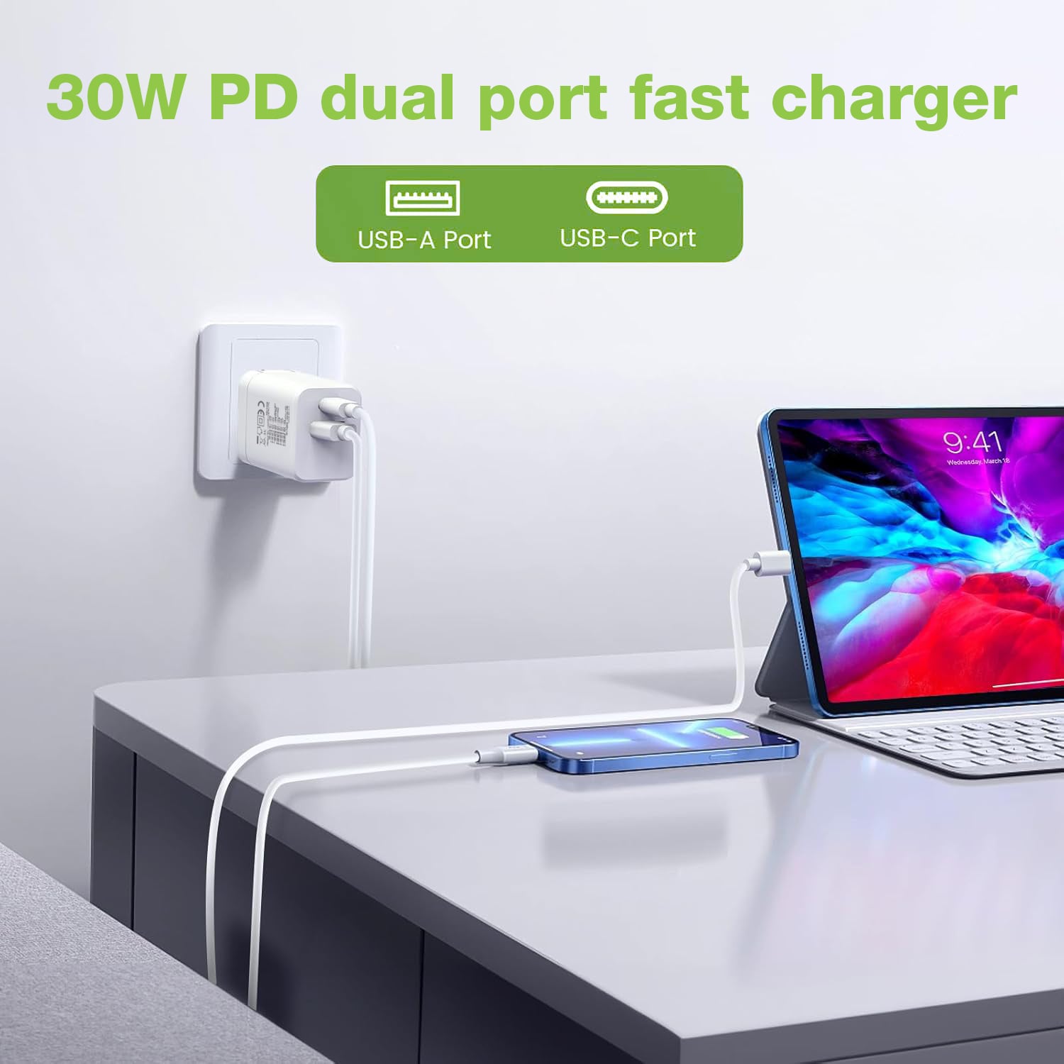 Caricatore Alimentatore GaN USB-C™ 30W e USB-A QC3.0 da Muro - Techly IPW-USB-30WACG
