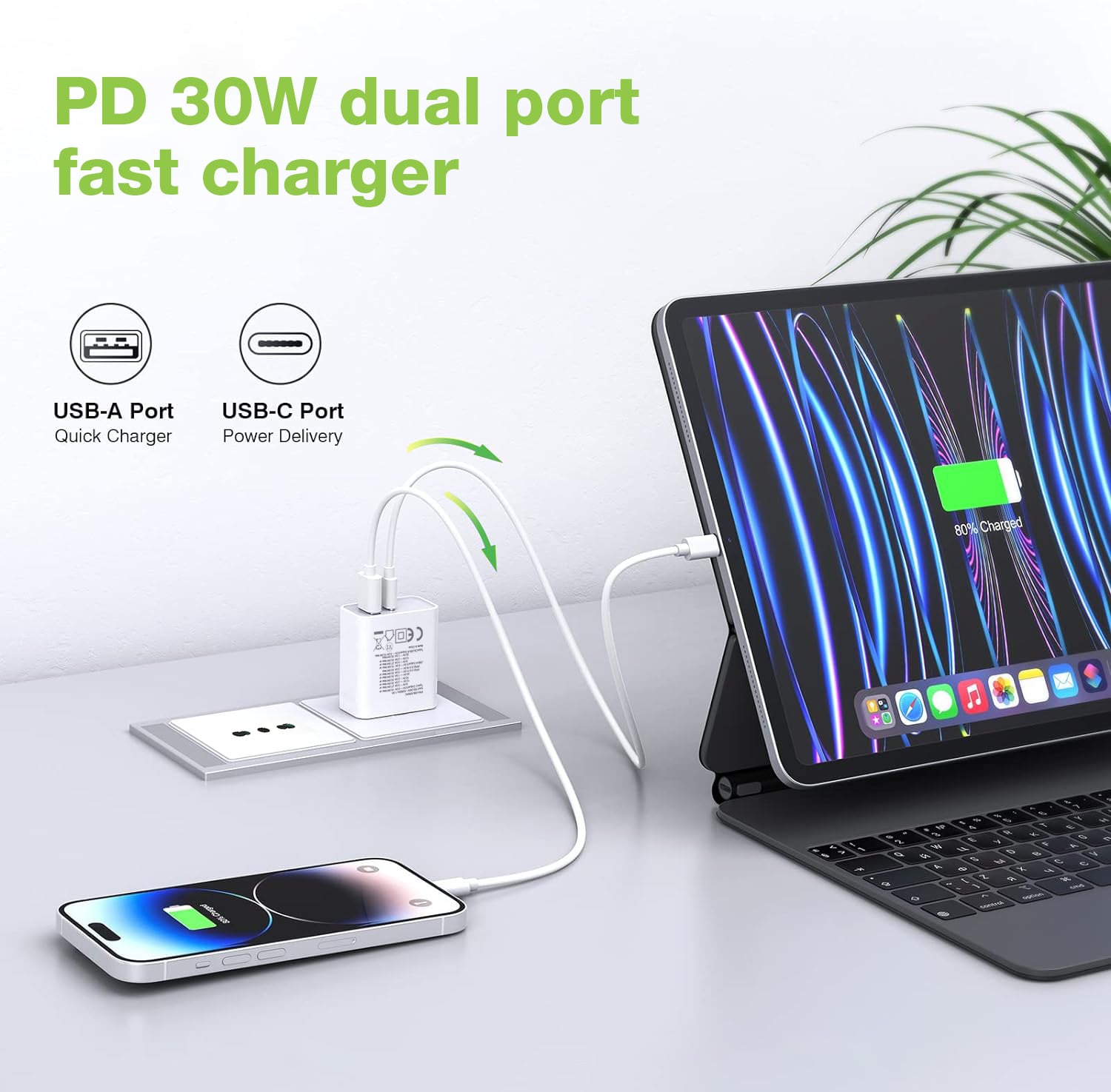 Caricatore Alimentatore GaN USB-C™ 30W e USB-A QC3.0 da Muro - Techly IPW-USB-30WACG