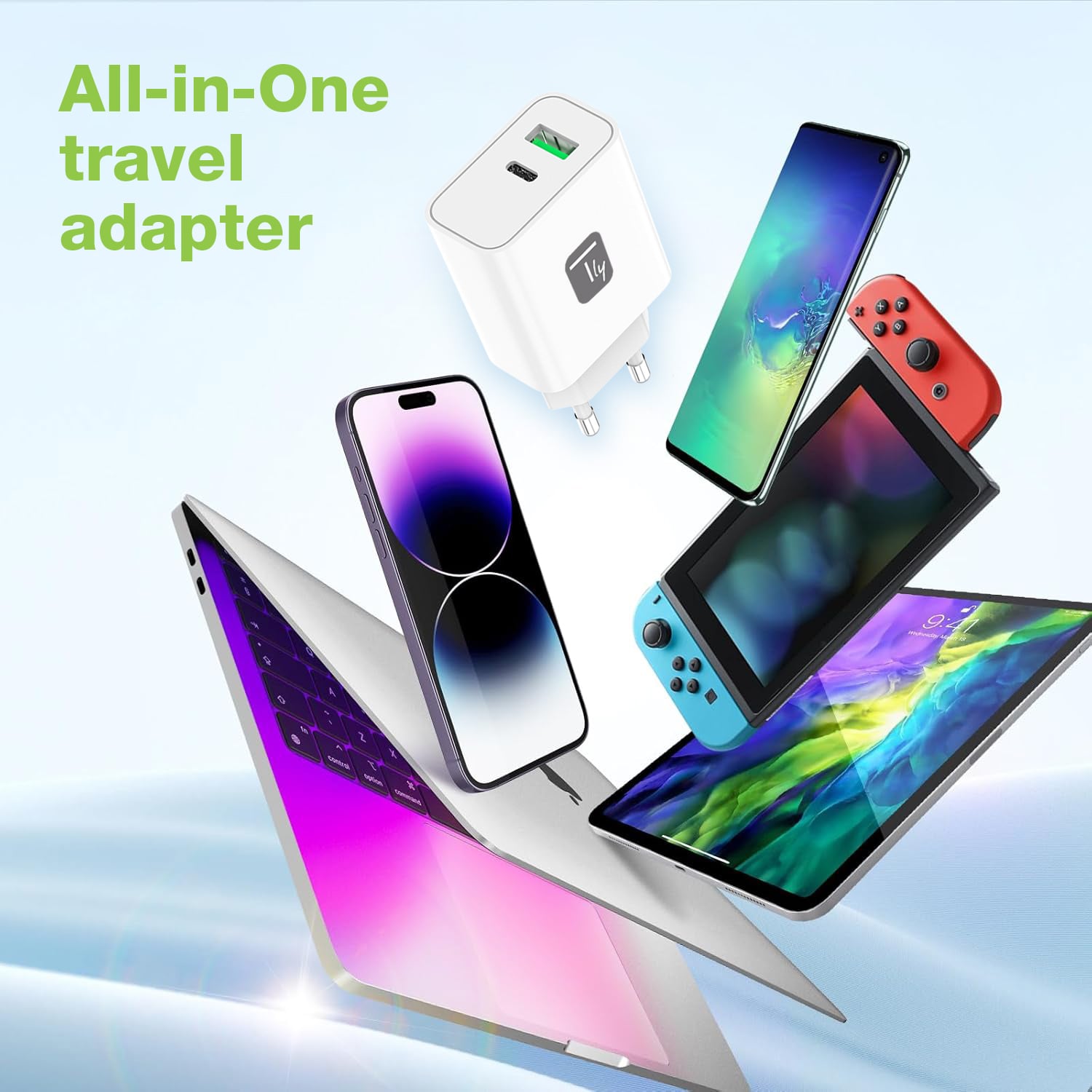 Caricatore Alimentatore GaN USB-C™ 30W e USB-A QC3.0 da Muro - Techly IPW-USB-30WACG