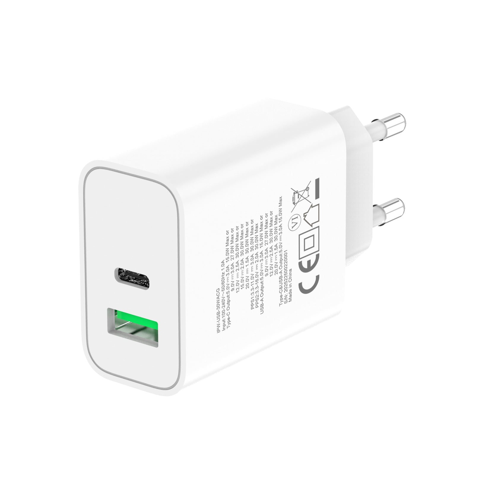 Caricatore Alimentatore GaN USB-C™ 30W e USB-A QC3.0 da Muro - Techly IPW-USB-30WACG