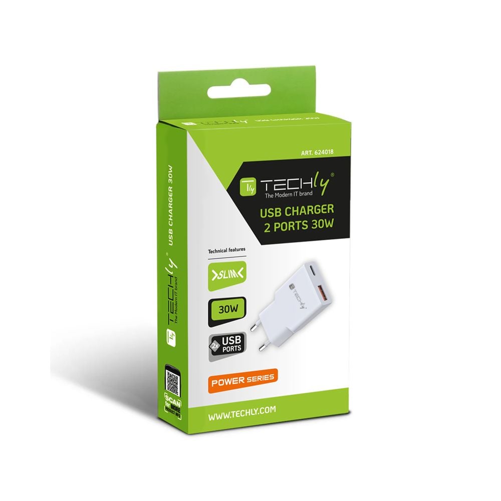 Caricatore Alimentatore USB-C™ 30W e USB-A QC da Muro - Techly IPW-USB-30WACLT