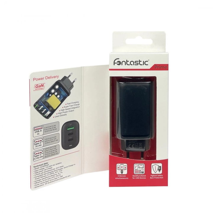 Caricabatterie GaN USB-A e 2 porte USB-C Power Delivery 65W nero - Fontastic IPW-USB-3P65W