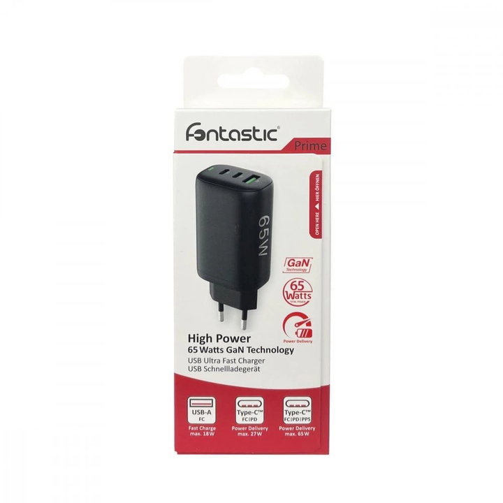 Caricabatterie GaN USB-A e 2 porte USB-C Power Delivery 65W nero - Fontastic IPW-USB-3P65W