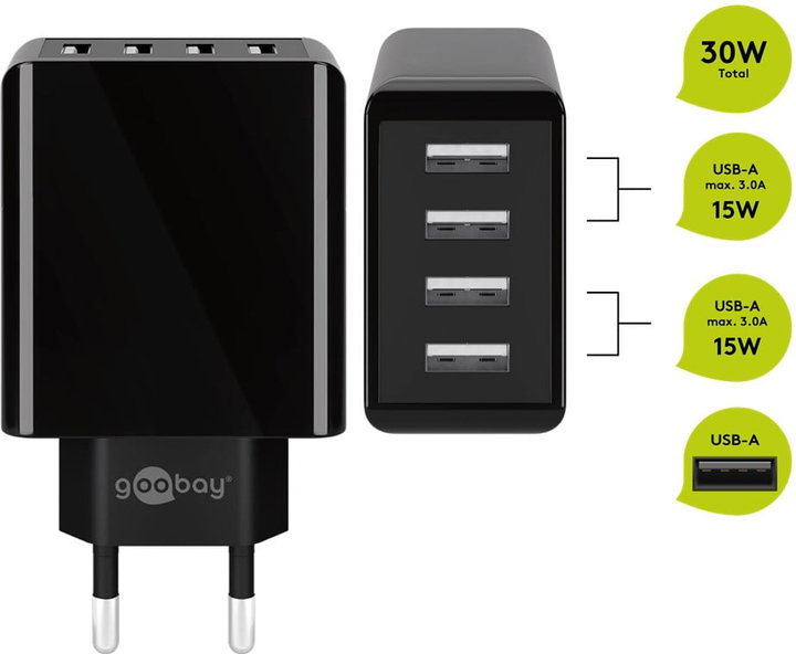 USB wall charger to 4 routes 30 W, black - Goobay IPW-USB- 4 PA 30 WB