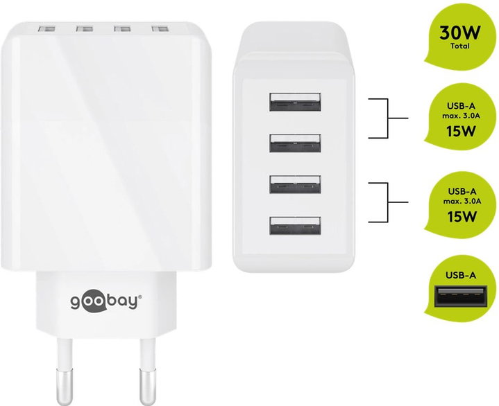 USB wall charger to 4 routes 30 W, white - Goobay IPW-USB- 4 PA 30 WW