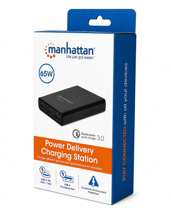 Stazione di ricarica USB-C PD 65W 3 porte nero - Manhattan IPW-USB-65W