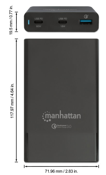 Stazione di ricarica USB-C PD 65W 3 porte nero - Manhattan IPW-USB-65W
