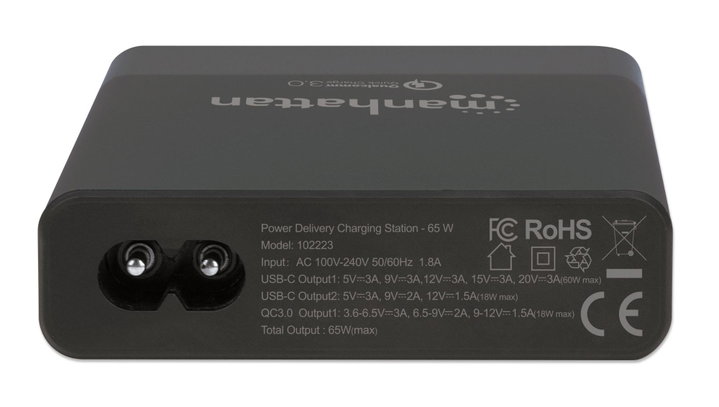 Stazione di ricarica USB-C PD 65W 3 porte nero - Manhattan IPW-USB-65W