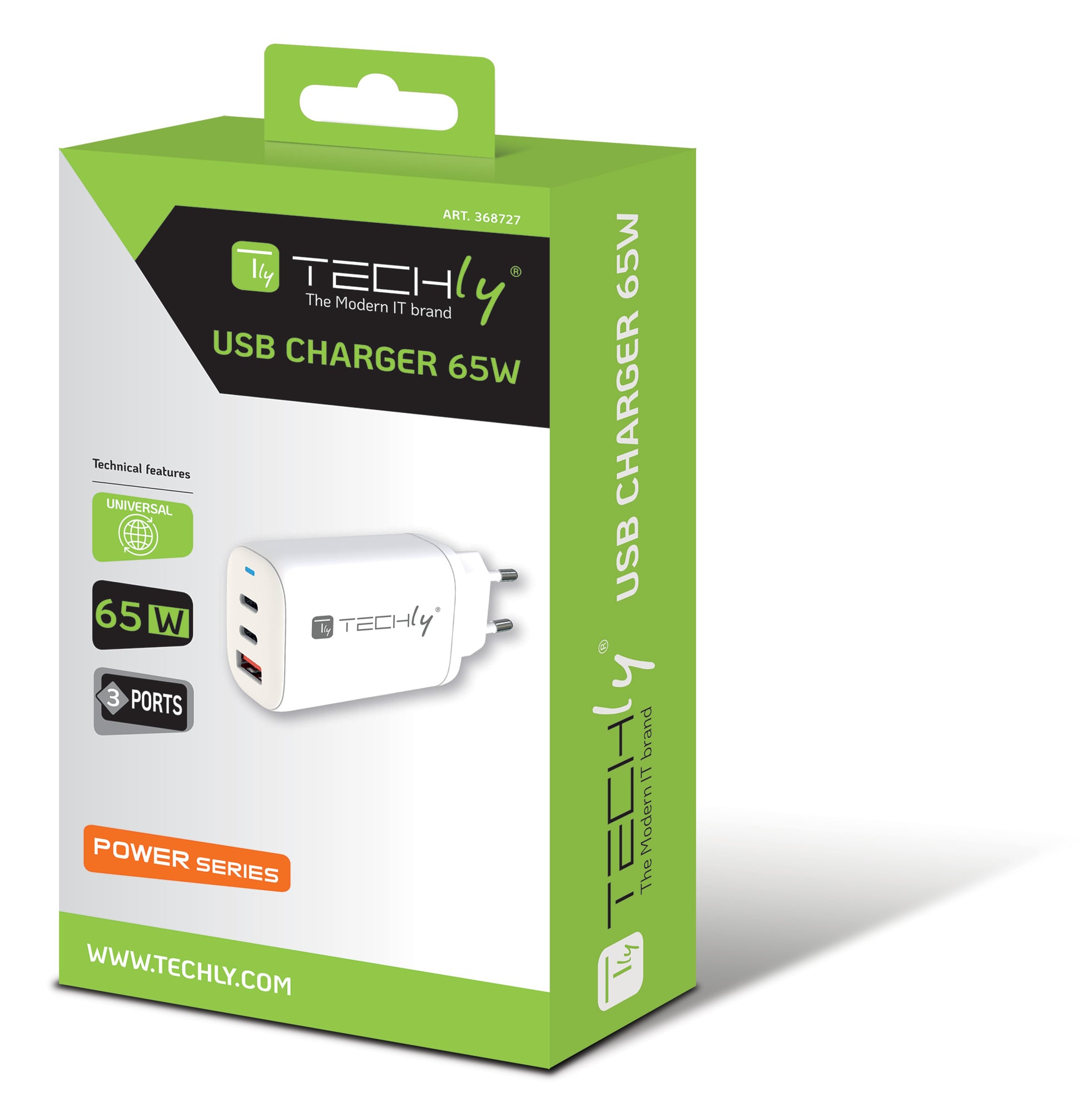 Caricatore Alimentatore 2 porte USB-C™ e 1 USB-A da Muro 65W - Techly IPW-USB-65W2C1A