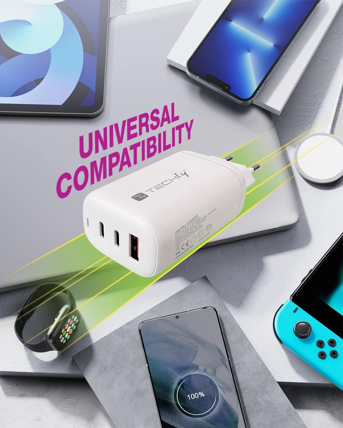 Caricatore Alimentatore 2 porte USB-C™ e 1 USB-A da Muro 65W - Techly IPW-USB-65W2C1A