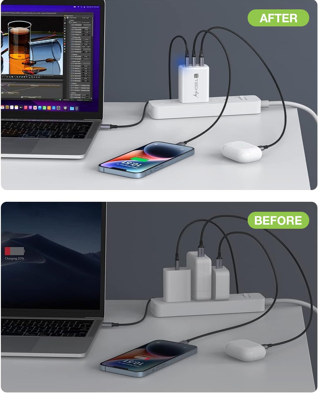 Caricatore Alimentatore 2 porte USB-C™ e 1 USB-A da Muro 65W - Techly IPW-USB-65W2C1A