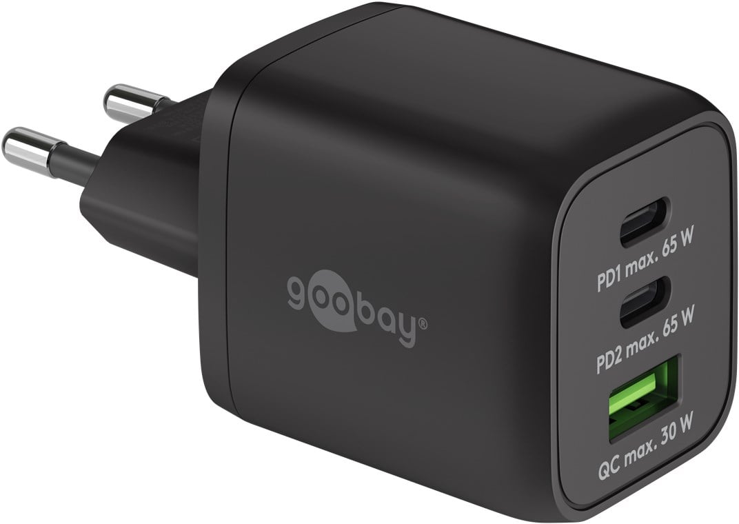 Nano Charger GAN 65 W 2 xUSB-C PD + USB-A QC from Black Wall - Goobay IPW-USB- 65 W 2 C 1 ANB