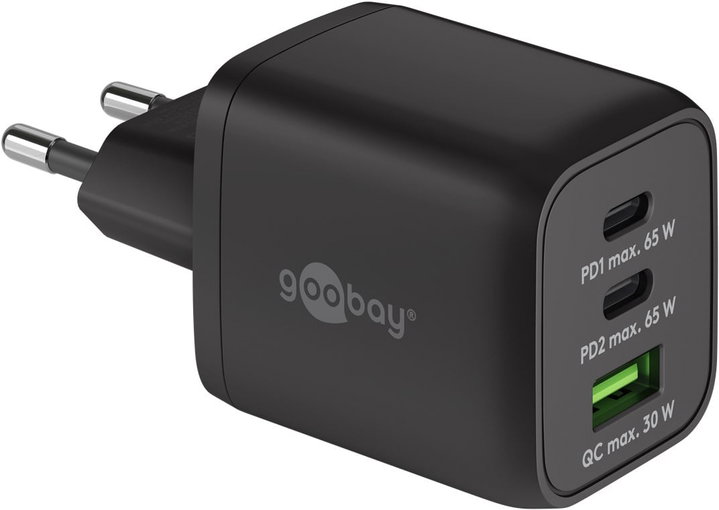 Nano Caricatore GaN 65W 2xUSB-C PD + USB-A QC da Muro Nero - Goobay IPW-USB-65W2C1ANB