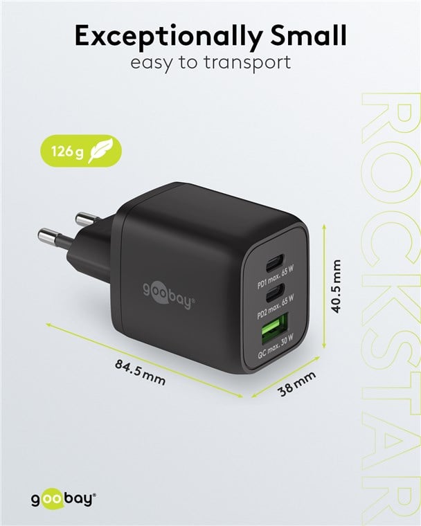 Nano Charger GAN 65 W 2 xUSB-C PD + USB-A QC from Black Wall - Goobay IPW-USB- 65 W 2 C 1 ANB