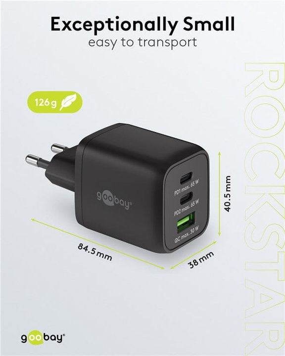 Nano Caricatore GaN 65W 2xUSB-C PD + USB-A QC da Muro Nero - Goobay IPW-USB-65W2C1ANB