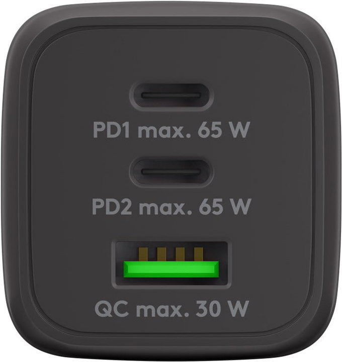 Nano Caricatore GaN 65W 2xUSB-C PD + USB-A QC da Muro Nero - Goobay IPW-USB-65W2C1ANB