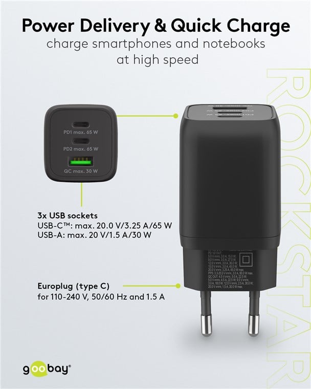 Nano Charger GAN 65 W 2 xUSB-C PD + USB-A QC from Black Wall - Goobay IPW-USB- 65 W 2 C 1 ANB