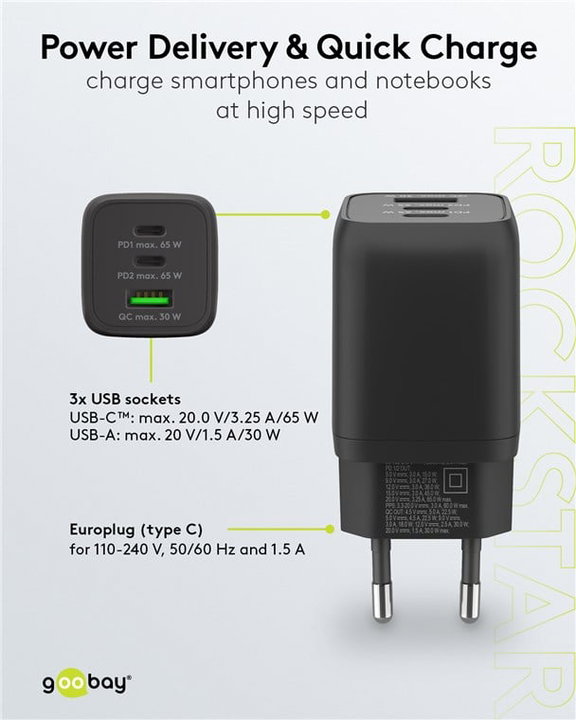 Nano Caricatore GaN 65W 2xUSB-C PD + USB-A QC da Muro Nero - Goobay IPW-USB-65W2C1ANB