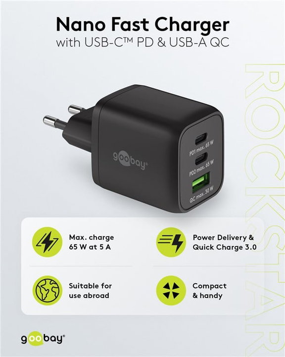 Nano Caricatore GaN 65W 2xUSB-C PD + USB-A QC da Muro Nero - Goobay IPW-USB-65W2C1ANB