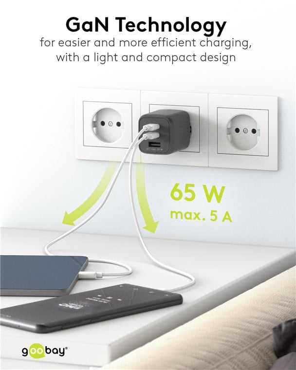 Nano Charger GAN 65 W 2 xUSB-C PD + USB-A QC from Black Wall - Goobay IPW-USB- 65 W 2 C 1 ANB