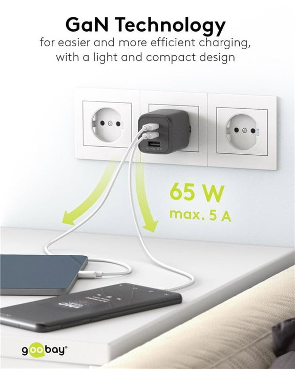 Nano Caricatore GaN 65W 2xUSB-C PD + USB-A QC da Muro Nero - Goobay IPW-USB-65W2C1ANB