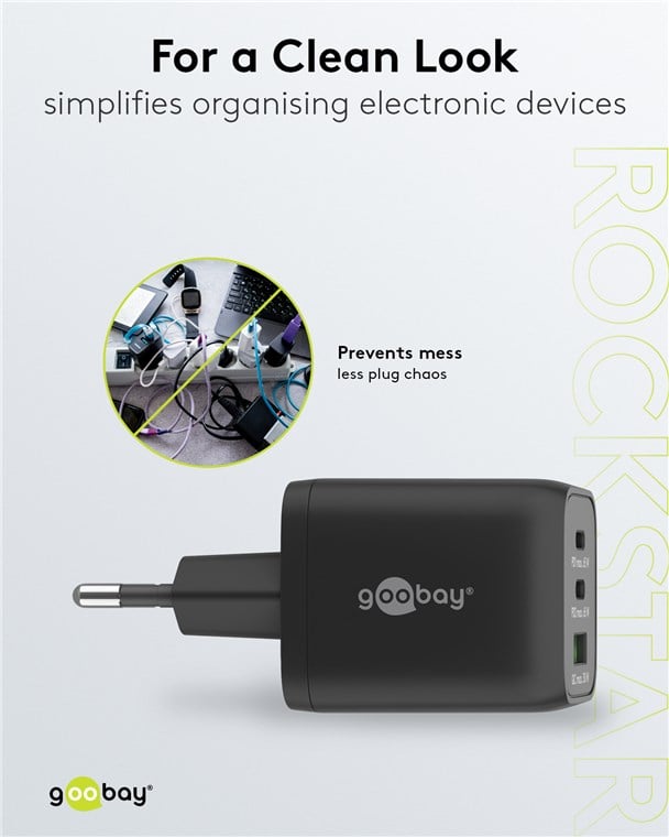 Nano Charger GAN 65 W 2 xUSB-C PD + USB-A QC from Black Wall - Goobay IPW-USB- 65 W 2 C 1 ANB
