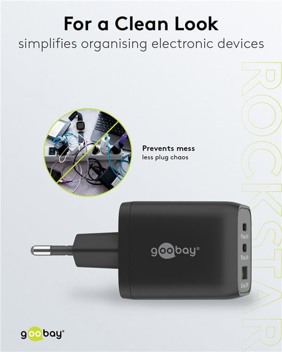 Nano Caricatore GaN 65W 2xUSB-C PD + USB-A QC da Muro Nero - Goobay IPW-USB-65W2C1ANB