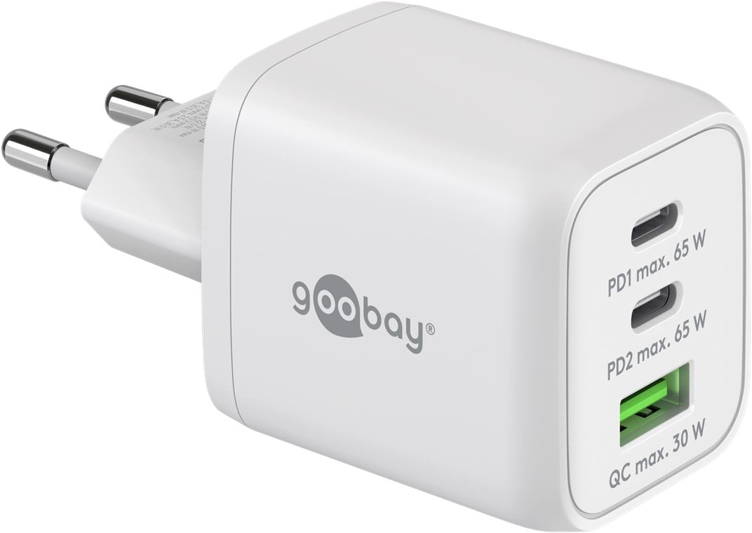 Nano Charger GAN 65 W 2 xUSB-C PD + USB-A QC from White Wall - Goobay IPW-USB- 65 W 2 C 1 ANW
