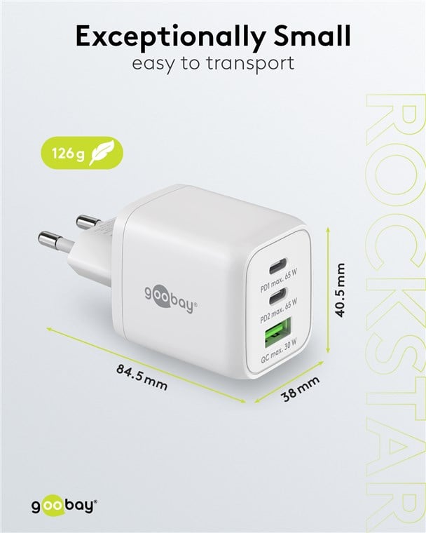 Nano Charger GAN 65 W 2 xUSB-C PD + USB-A QC from White Wall - Goobay IPW-USB- 65 W 2 C 1 ANW