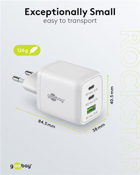 Nano Caricatore GaN 65W 2xUSB-C PD + USB-A QC da Muro Bianco - Goobay IPW-USB-65W2C1ANW