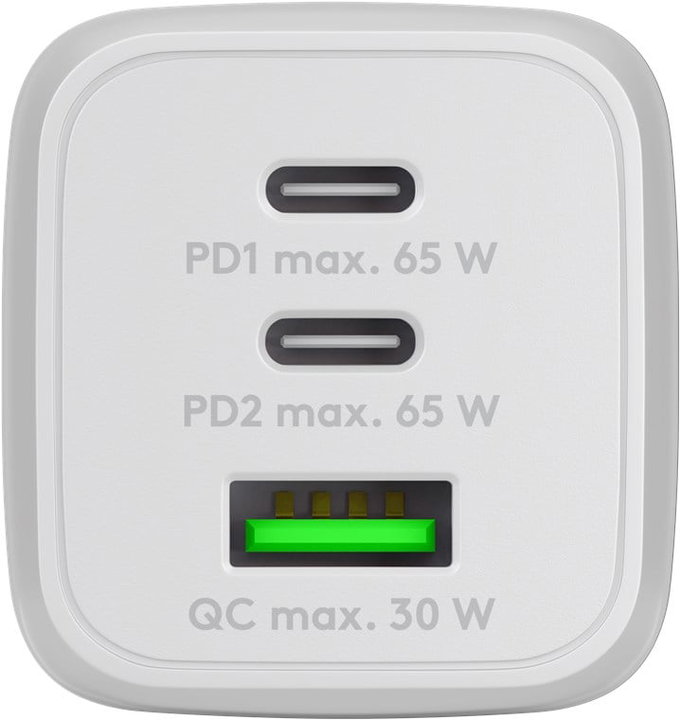 Nano Caricatore GaN 65W 2xUSB-C PD + USB-A QC da Muro Bianco - Goobay IPW-USB-65W2C1ANW