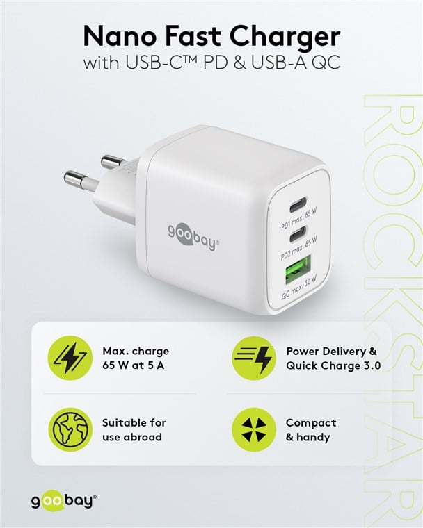 Nano Charger GAN 65 W 2 xUSB-C PD + USB-A QC from White Wall - Goobay IPW-USB- 65 W 2 C 1 ANW
