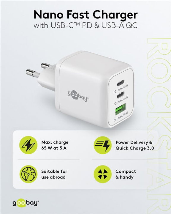 Nano Caricatore GaN 65W 2xUSB-C PD + USB-A QC da Muro Bianco - Goobay IPW-USB-65W2C1ANW