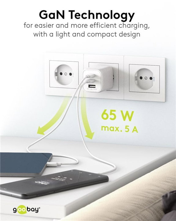 Nano Caricatore GaN 65W 2xUSB-C PD + USB-A QC da Muro Bianco - Goobay IPW-USB-65W2C1ANW