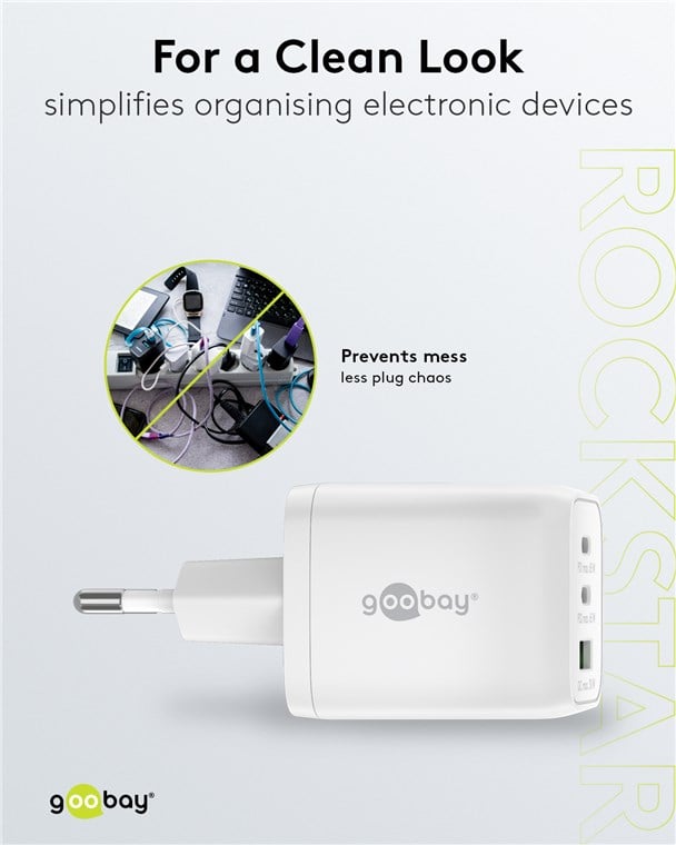 Nano Charger GAN 65 W 2 xUSB-C PD + USB-A QC from White Wall - Goobay IPW-USB- 65 W 2 C 1 ANW