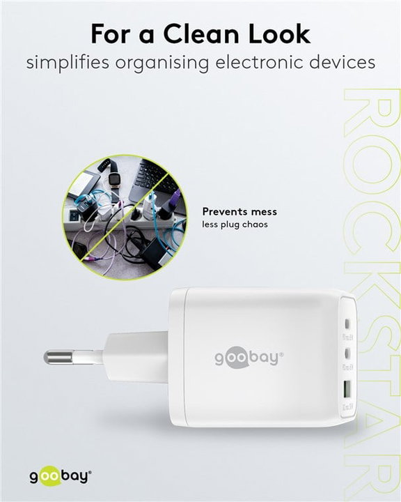 Nano Caricatore GaN 65W 2xUSB-C PD + USB-A QC da Muro Bianco - Goobay IPW-USB-65W2C1ANW