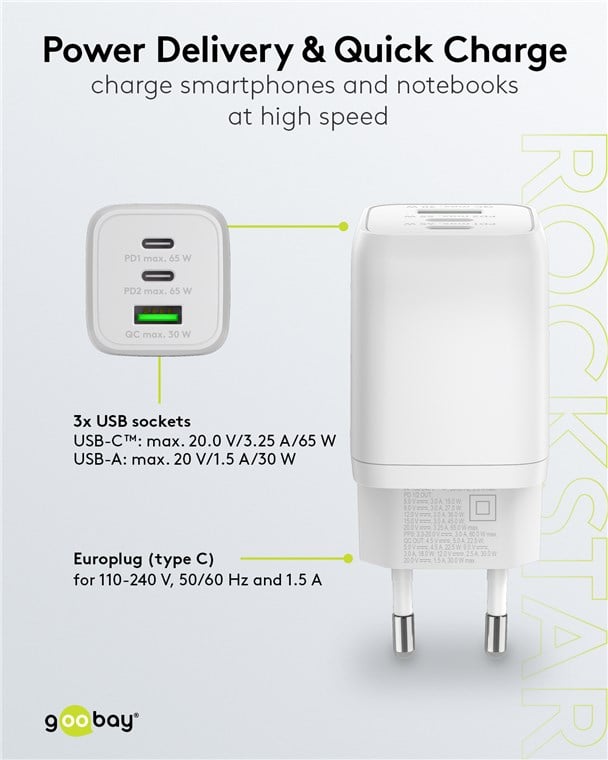Nano Charger GAN 65 W 2 xUSB-C PD + USB-A QC from White Wall - Goobay IPW-USB- 65 W 2 C 1 ANW