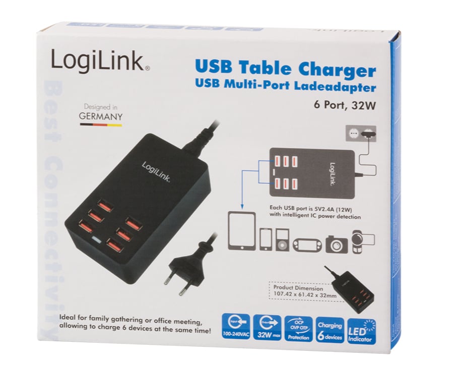 Caricatore da Tavolo a 6 porte USB 32W Nero - Logilink IPW-USB-6P32W