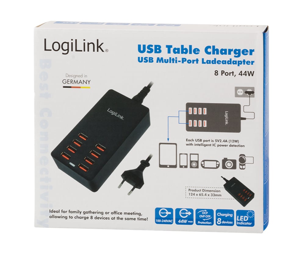Caricatore da Tavolo a 8 porte USB 44W Nero - Logilink IPW-USB-8P44W