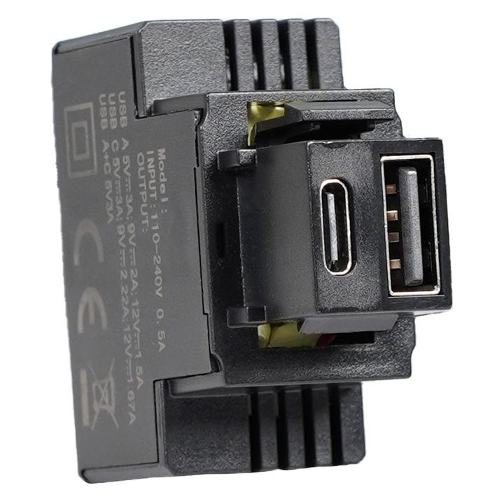 Alimentatore Compatto da Incasso Keystone USB-A e USB-C 20W 5-12V Nero - FME IPW-USB-AC3AB
