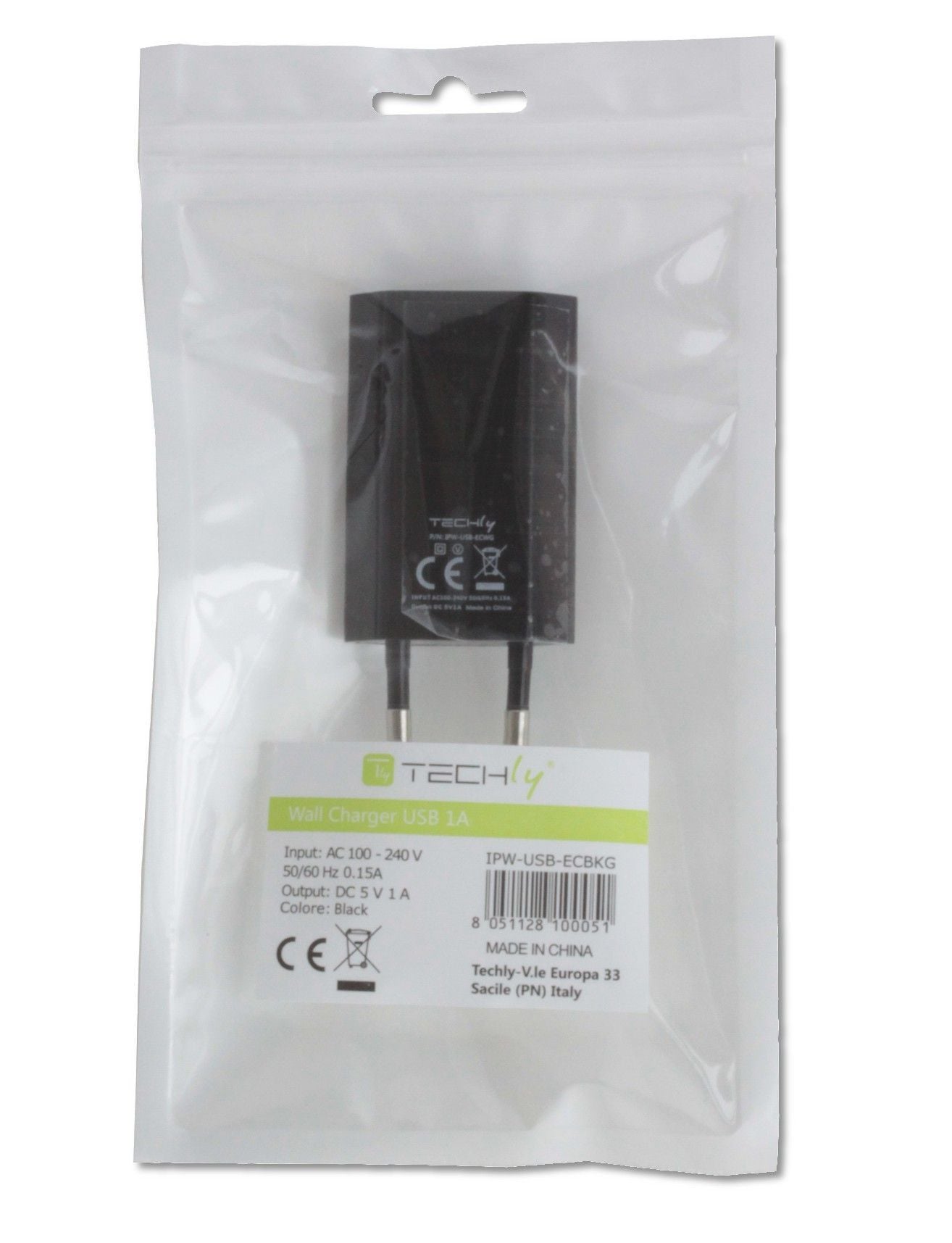 Caricatore USB 1A Compatto Spina Europea Nero - Techly IPW-USB-ECBKG